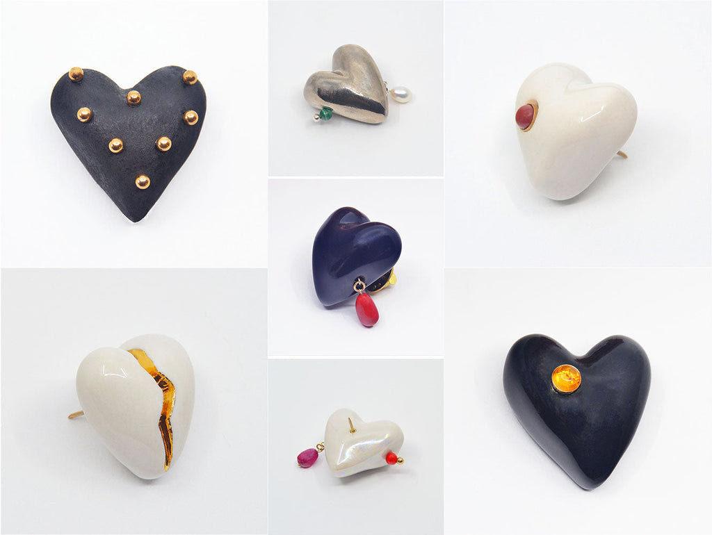 The heartfelt collection consists of handmade one-of-a-kind jewelry pieces crafted of porcelain. You will find heart shaped pins, stickpins, earrings and necklaces, all made by hand with love. 