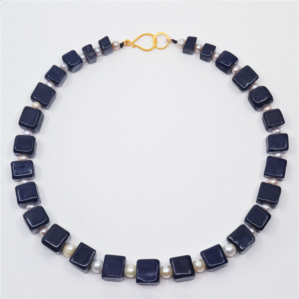 Unique Porcelain choker necklace handmade of handcrafted porcelain beads glazed dark blue and vintage pearls with golden hook clasp.
